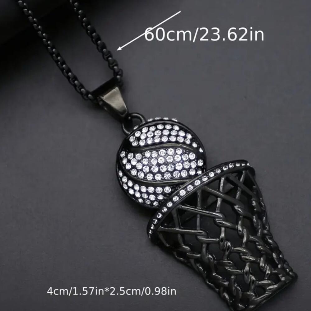 Basketball Necklace Black with Rhinestones 24” Chain - Picture 2 of 5